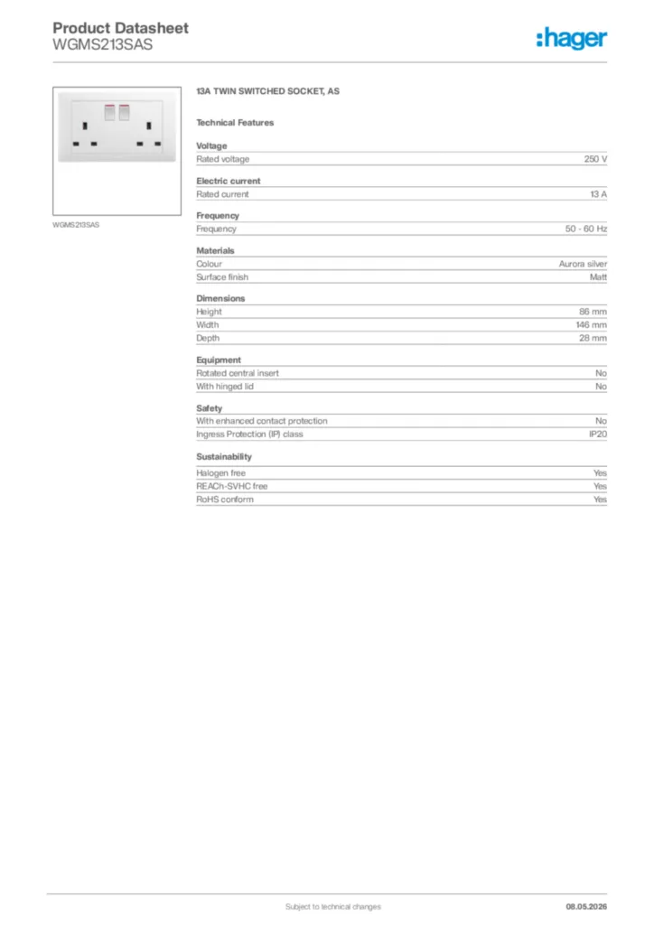 Image Hager Product data sheet WGMS213SAS  | Hager Africa