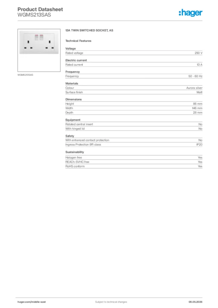 Image Hager Product data sheet WGMS213SAS  | Hager