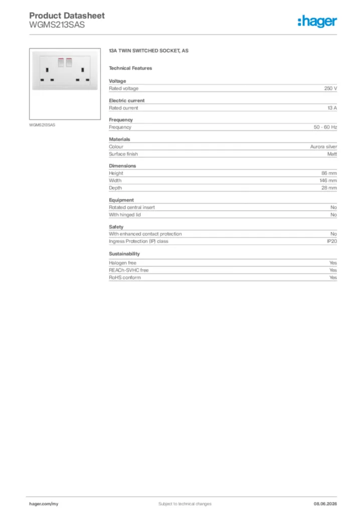 Image Hager Product data sheet WGMS213SAS  | Hager