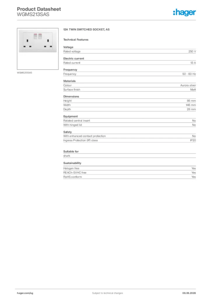 Image Hager Product data sheet WGMS213SAS  | Hager
