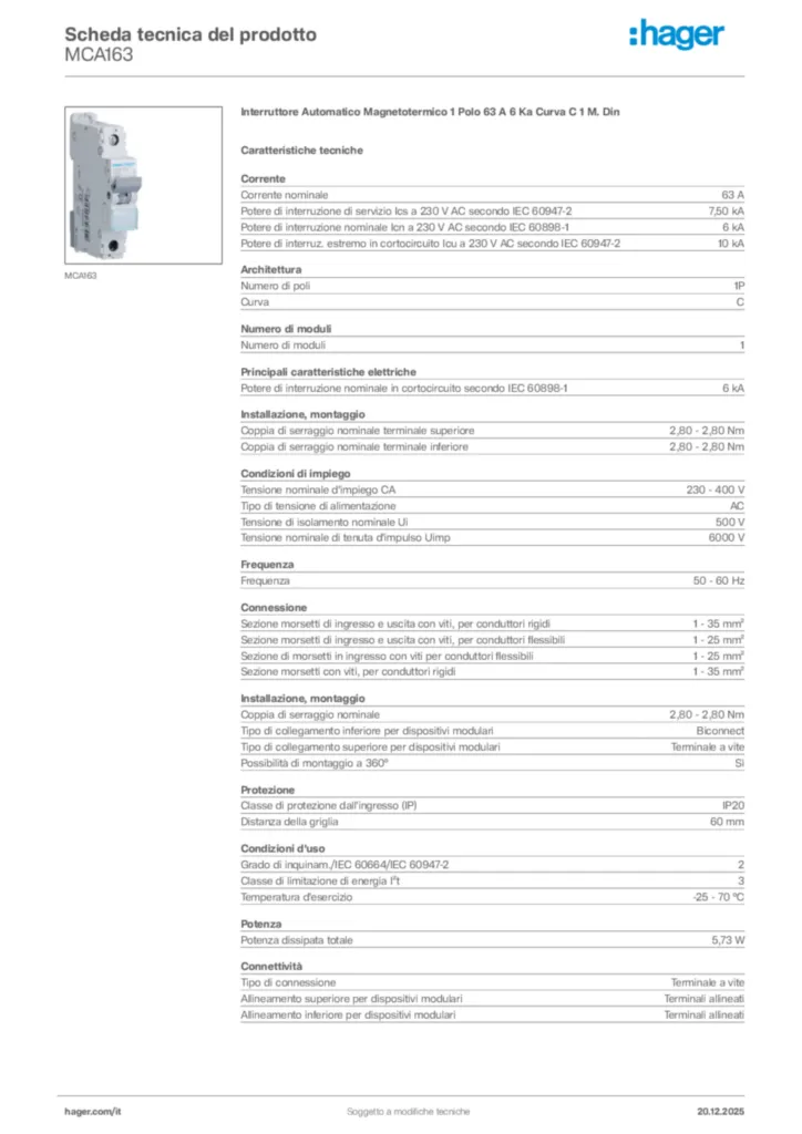 Immagine Hager Scheda tecnica del prodotto MCA163 | Hager Italia