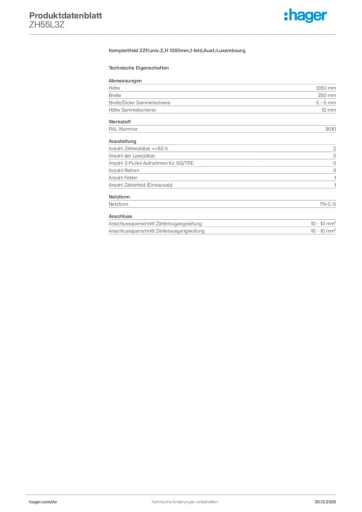 Bild Hager Produktdatenblatt ZH55L3Z | Hager Deutschland