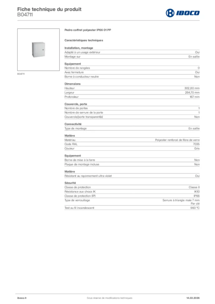 Image Iboco Fiche technique du produit B04711 | Hager France