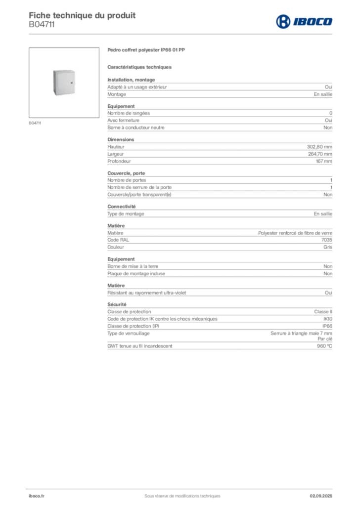 Image Iboco Fiche technique du produit B04711 | Hager France