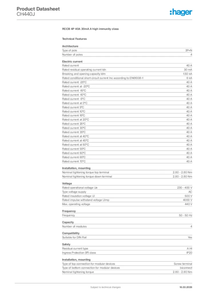 Image Hager Product data sheet CH440J  | Hager Africa