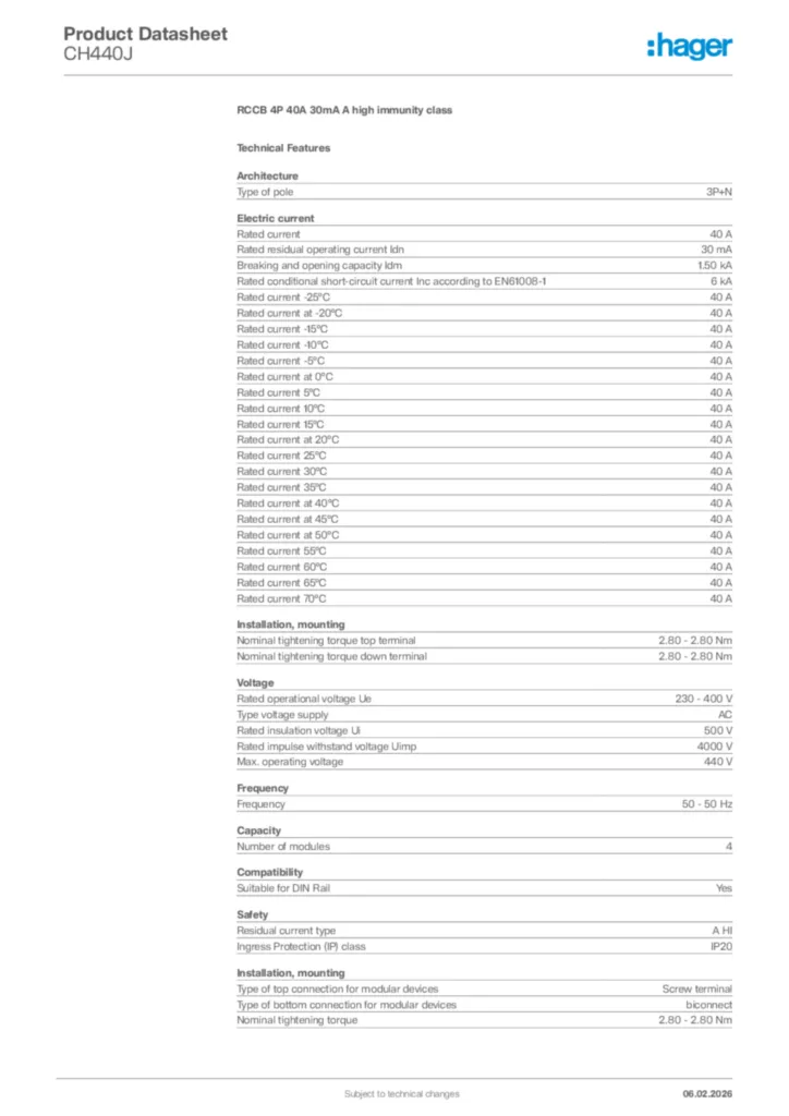 Image Hager Product data sheet CH440J  | Hager Africa