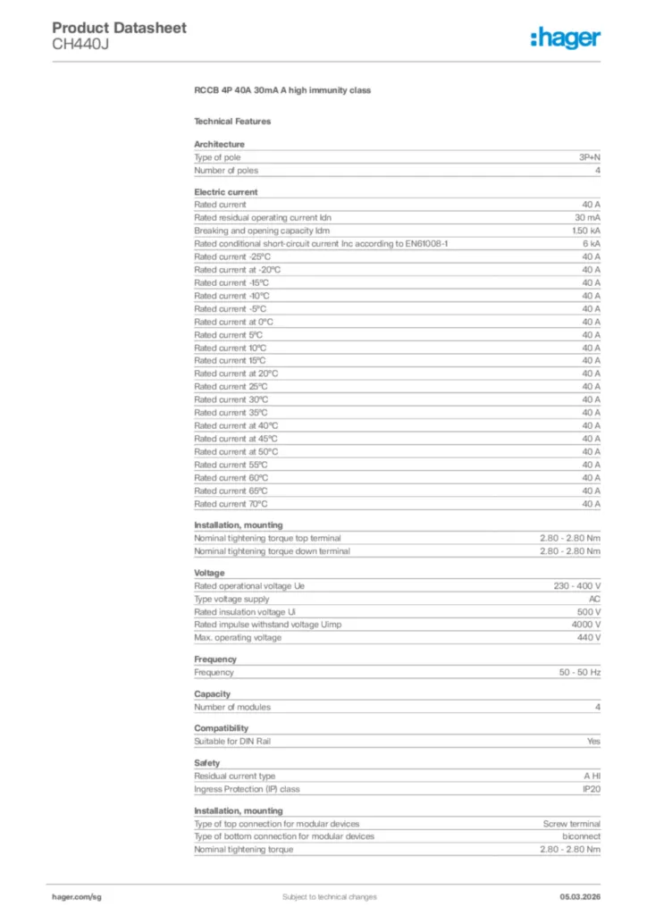Image Hager Product data sheet CH440J  | Hager