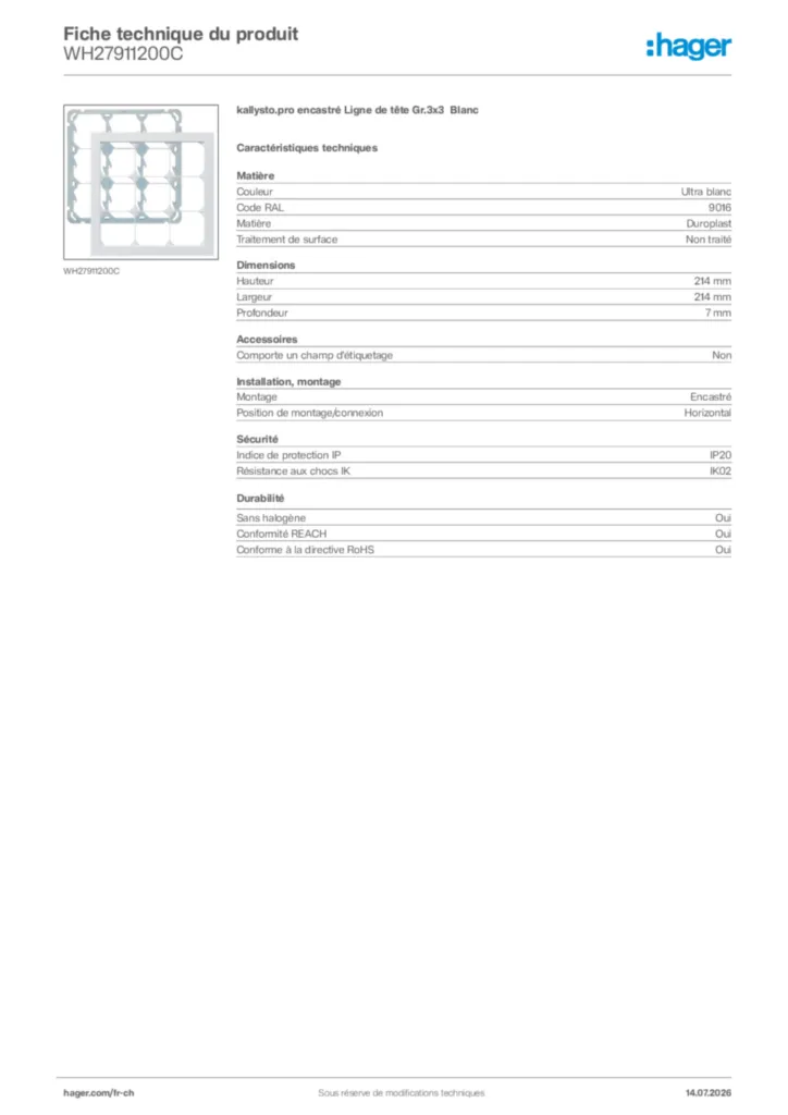 Image Hager Fiche technique du produit WH27911200C | Hager Suisse