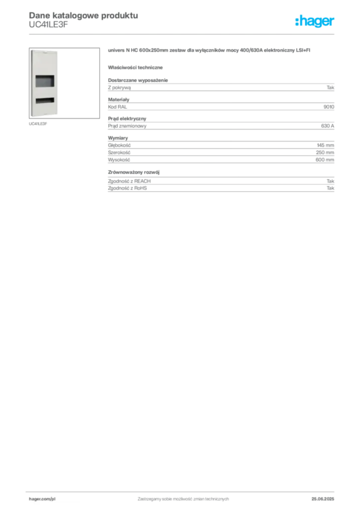 Zdjęcie Hager Dane katalogowe produktu UC41LE3F | Hager Polska