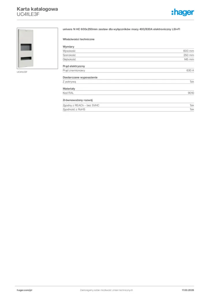 Zdjęcie Hager Karta katalogowa UC41LE3F | Hager Polska