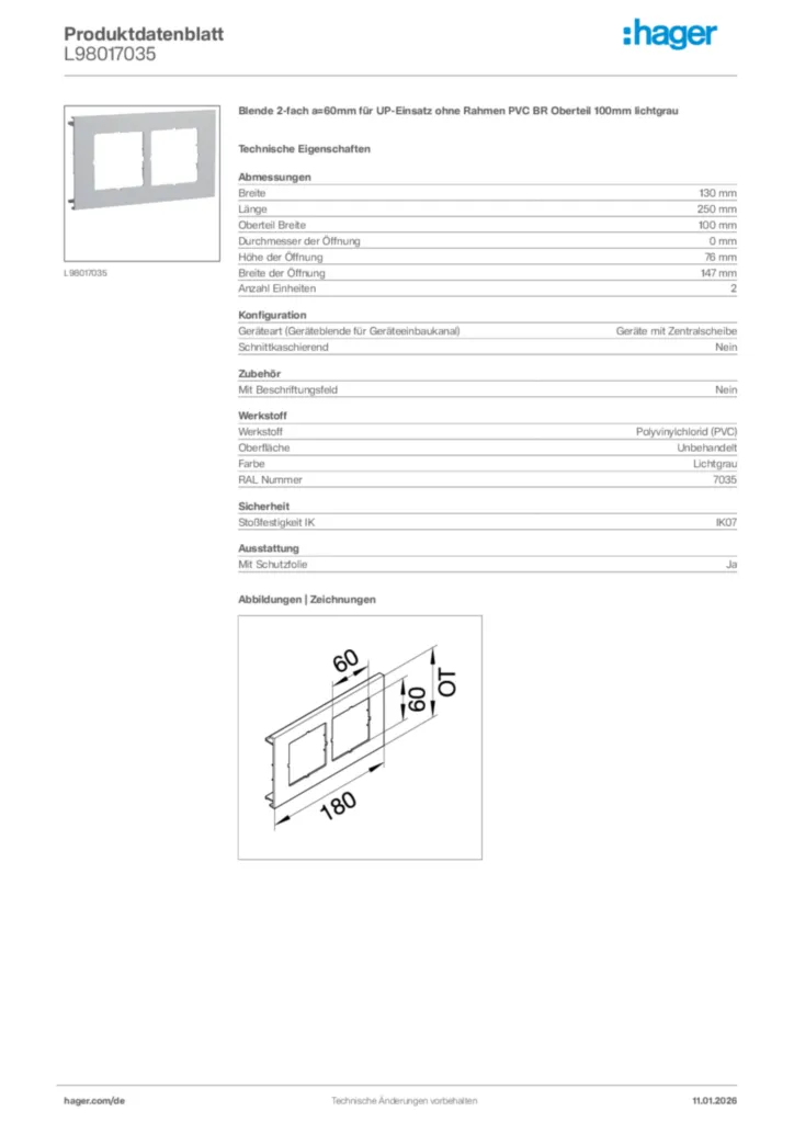 Bild Hager Produktdatenblatt L98017035 | Hager Deutschland