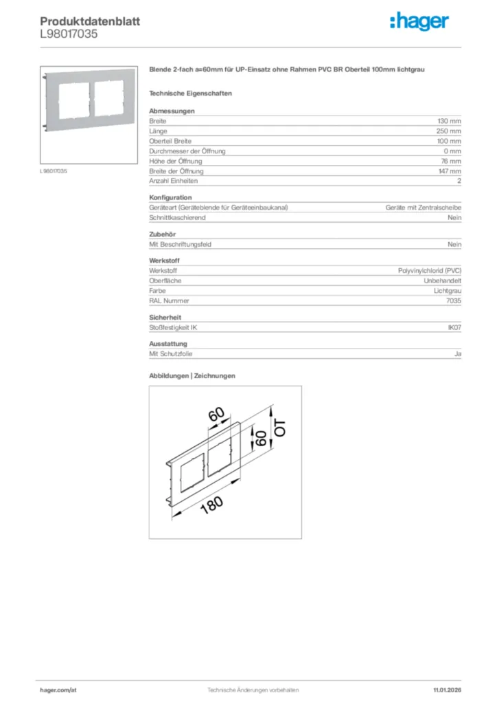 Bild Hager Produktdatenblatt L98017035 | Hager Deutschland