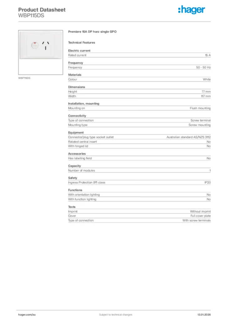 Image Hager Product data sheet WBP115DS  | Hager Australia