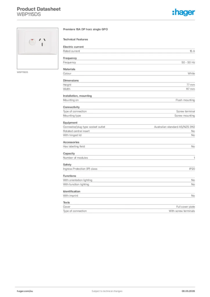 Image Hager Product data sheet WBP115DS  | Hager Australia
