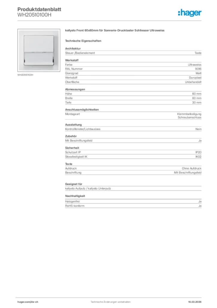 Bild Hager Produktdatenblatt WH20510100H | Hager Schweiz