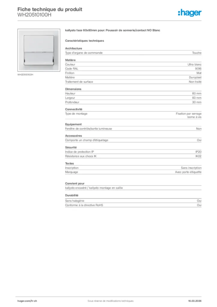 Image Hager Fiche technique du produit WH20510100H | Hager Suisse