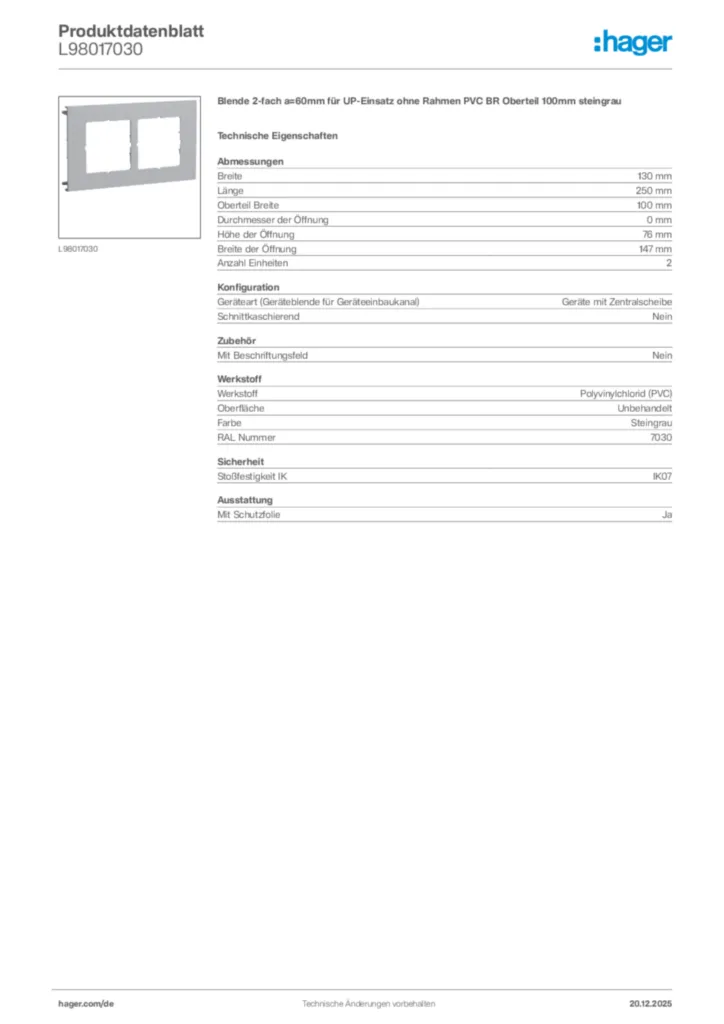 Bild Hager Produktdatenblatt L98017030 | Hager Deutschland