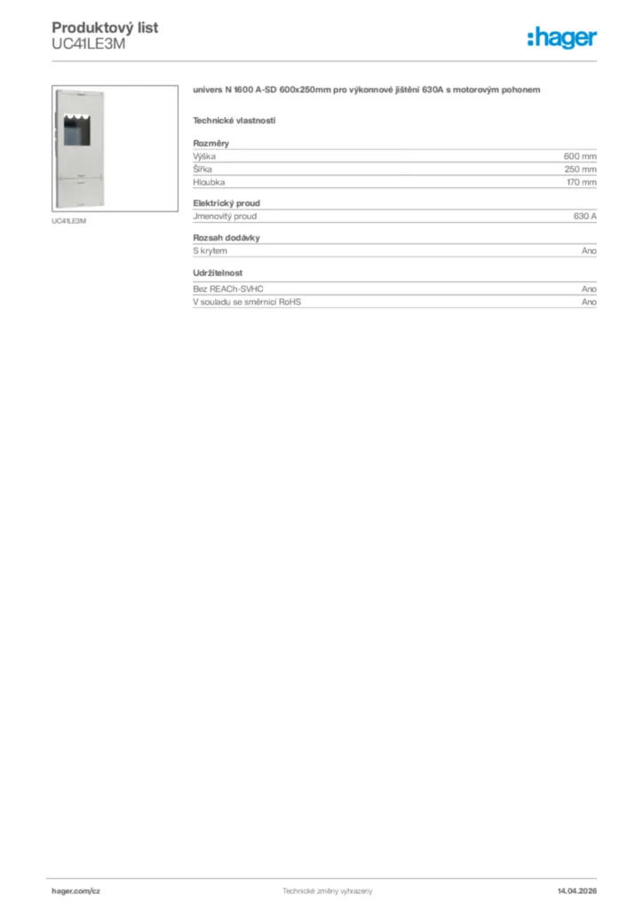 Obrázek Hager Product data sheet UC41LE3M | Hager