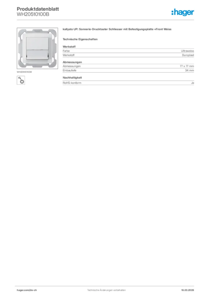 Bild Hager Produktdatenblatt WH20510100B | Hager Schweiz
