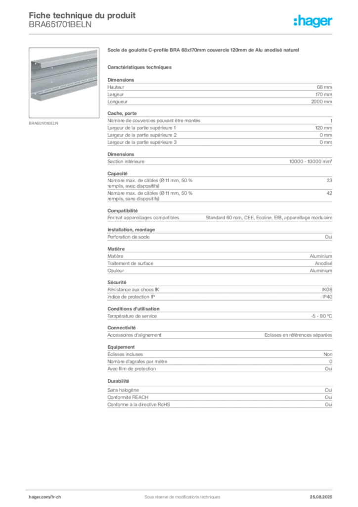 Image Hager Fiche technique du produit BRA651701BELN | Hager Suisse