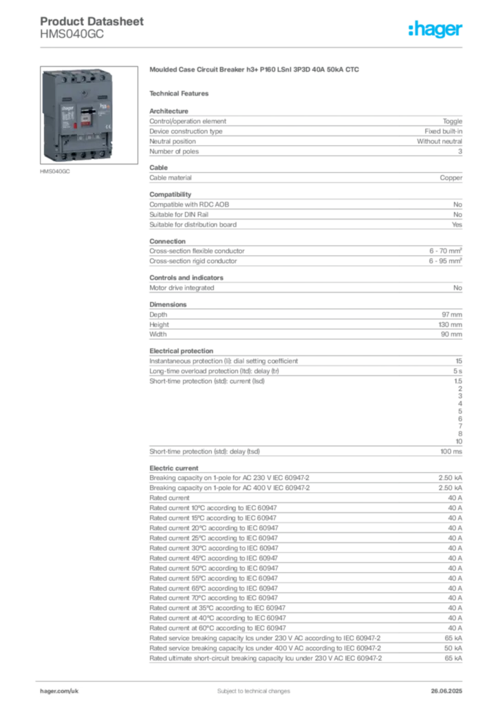 Image Hager Product data sheet HMS040GC  | Hager