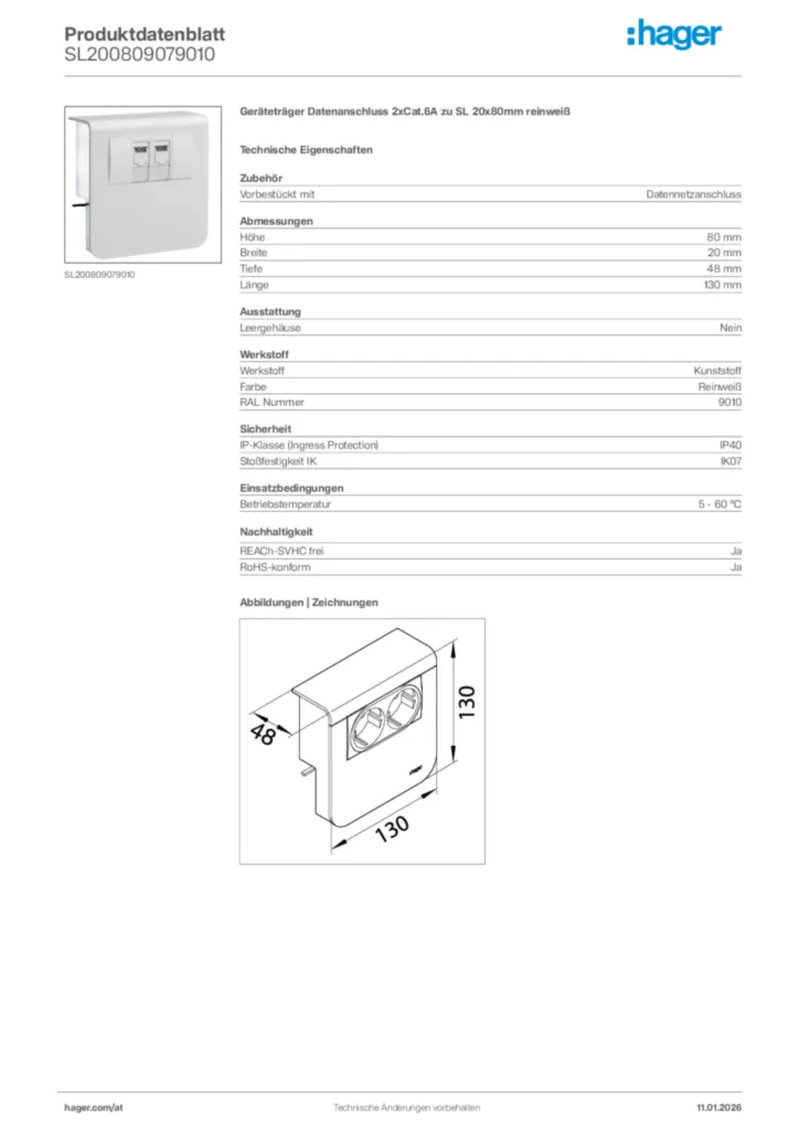 Bild Hager Produktdatenblatt SL200809079010 | Hager Deutschland
