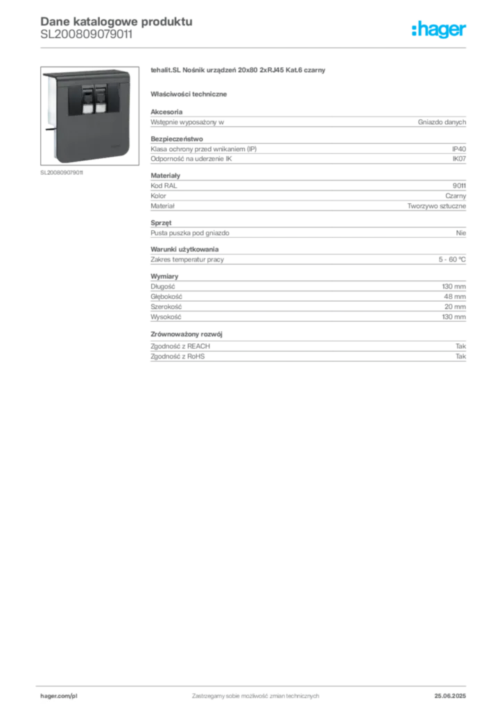 Zdjęcie Hager Dane katalogowe produktu SL200809079011 | Hager Polska