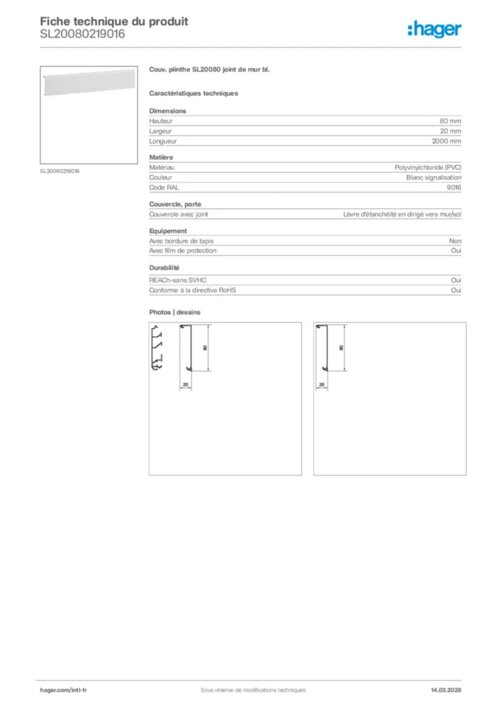 Image Hager Fiche technique du produit SL20080219016 | Hager Afrique