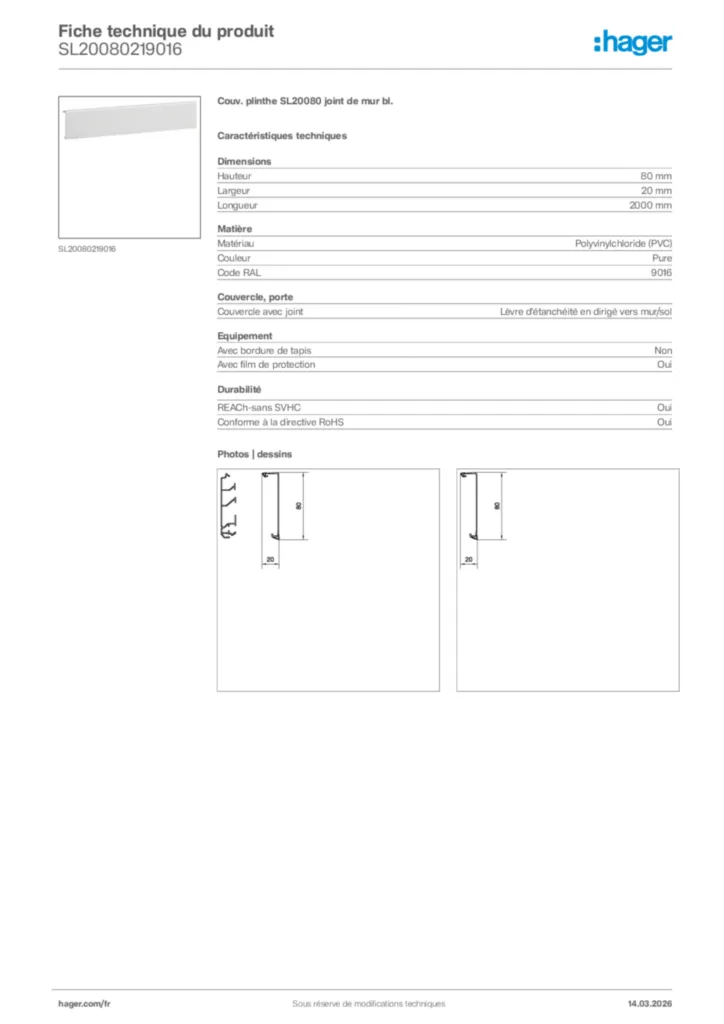 Image Hager Fiche technique du produit SL20080219016 | Hager France