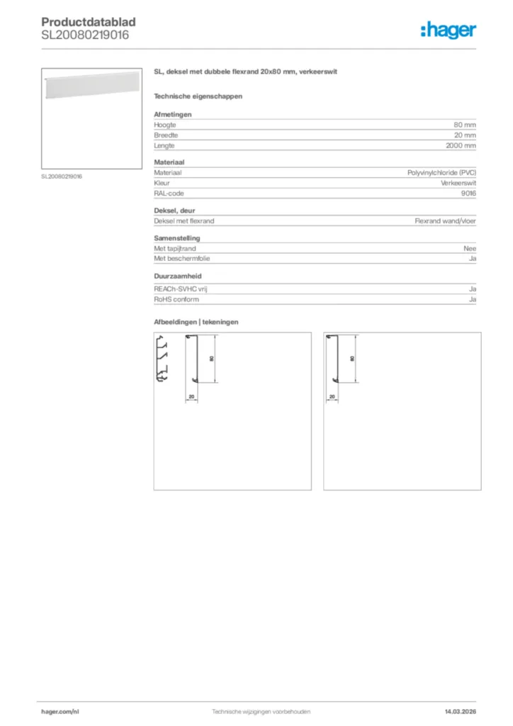 Afbeelding Hager Productdatablad SL20080219016 | Hager Nederland