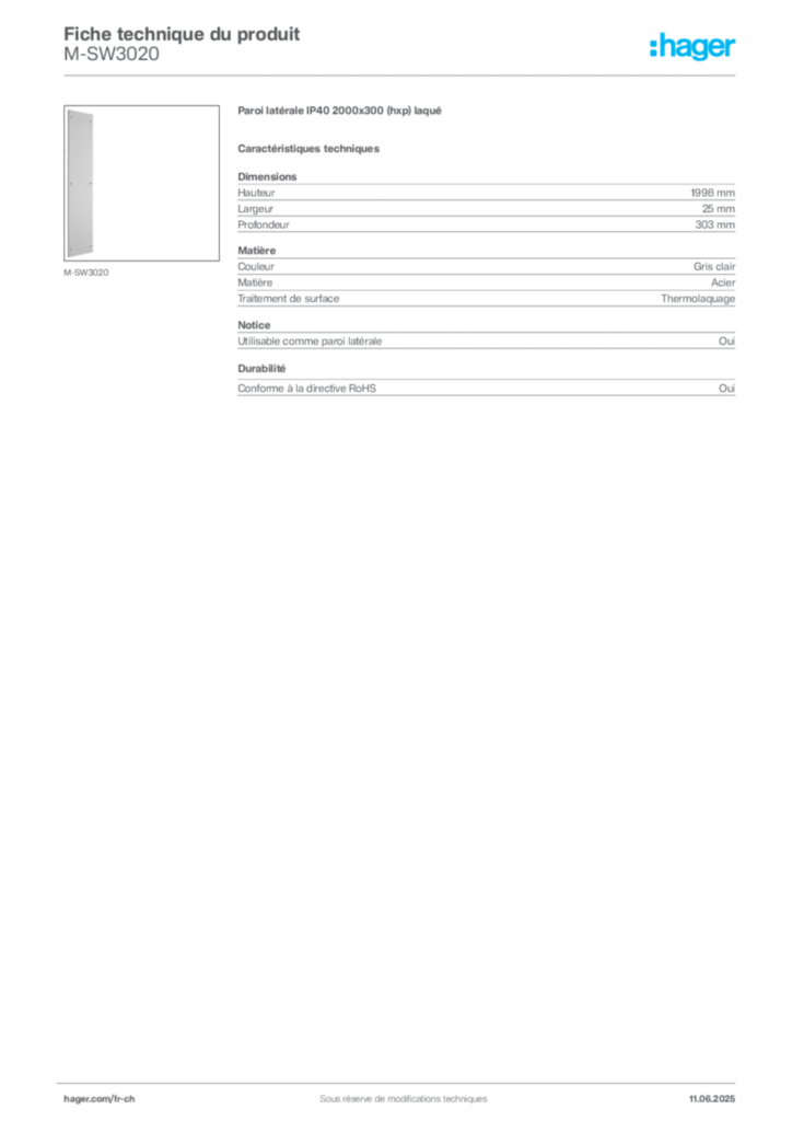 Image Hager Fiche technique du produit M-SW3020 | Hager Suisse