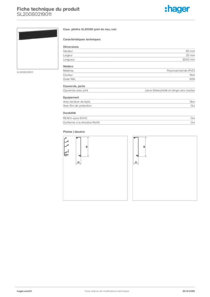 Image Hager Fiche technique du produit SL20080219011 | Hager France