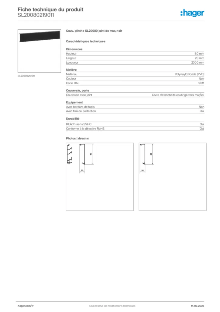 Image Hager Fiche technique du produit SL20080219011 | Hager France