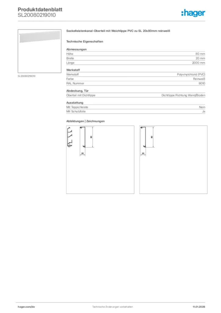 Bild Hager Produktdatenblatt SL20080219010 | Hager Deutschland