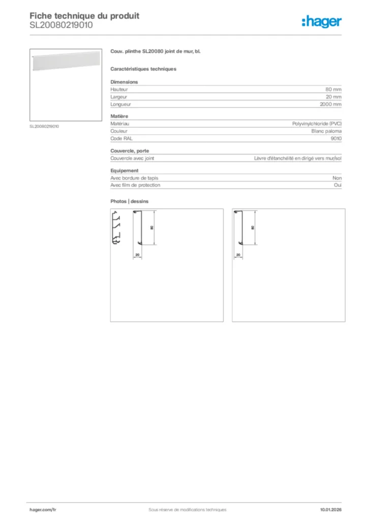 Image Hager Fiche technique du produit SL20080219010 | Hager France