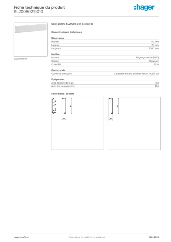 Image Hager Fiche technique du produit SL20080219010 | Hager Suisse