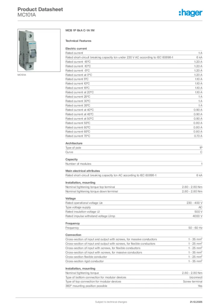 Image Hager Product data sheet MC101A  | Hager Africa