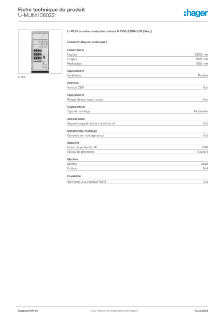 Image Hager Fiche technique du produit U-MUN1106022 | Hager Suisse