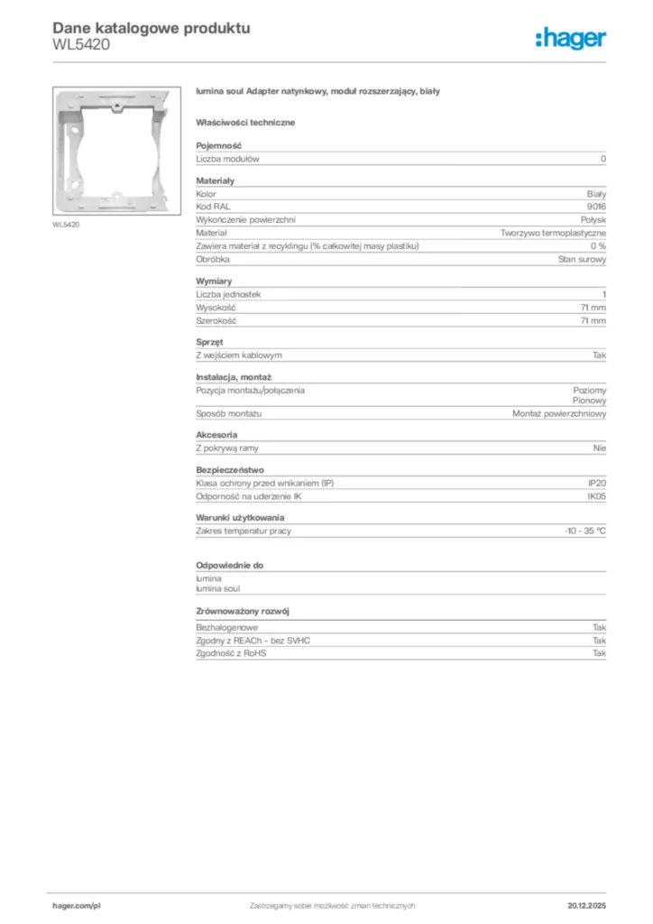 Zdjęcie Hager Dane katalogowe produktu WL5420 | Hager Polska