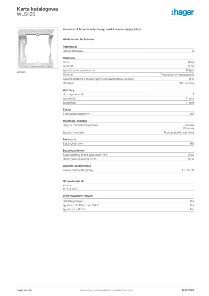 Zdjęcie Hager Karta katalogowa WL5420 | Hager Polska