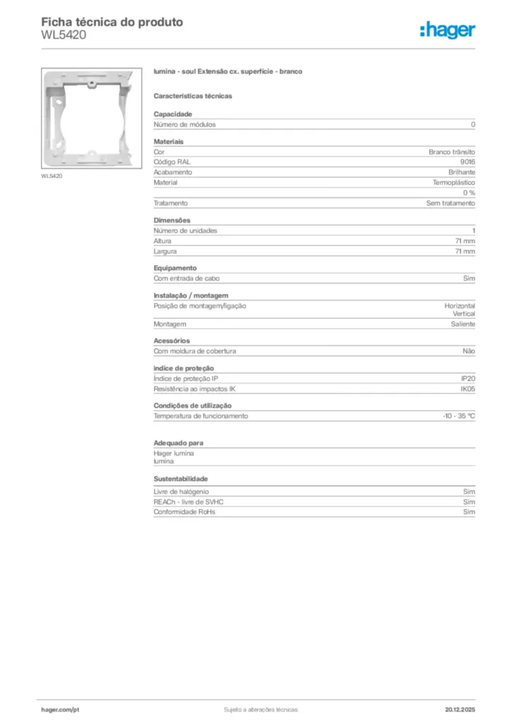 Imagem Hager Ficha técnica do produto WL5420 | Hager Portugal