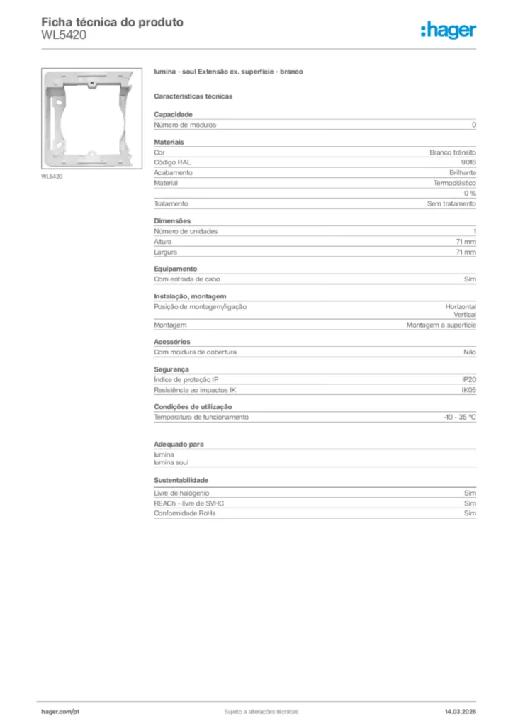 Imagem Hager Ficha técnica do produto WL5420 | Hager Portugal