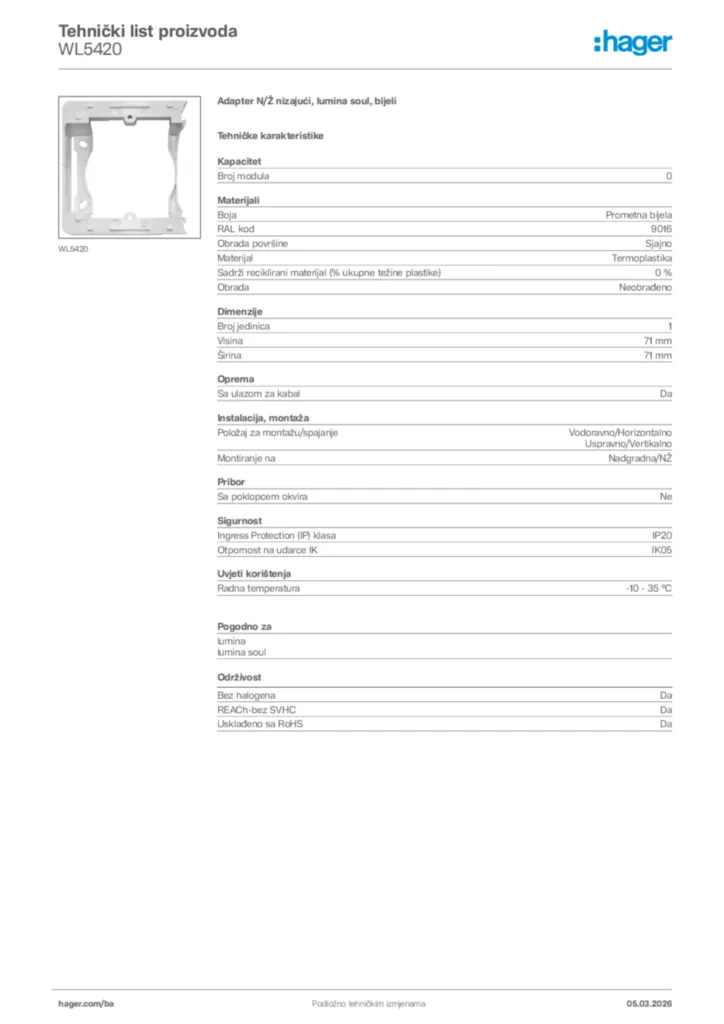 Slika Hager Tehnički list proizvoda WL5420  | Hager