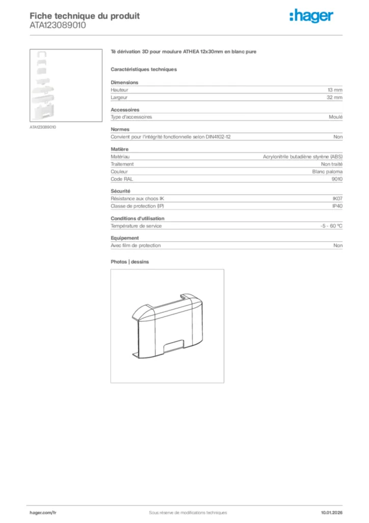 Image Hager Fiche technique du produit ATA123089010 | Hager France