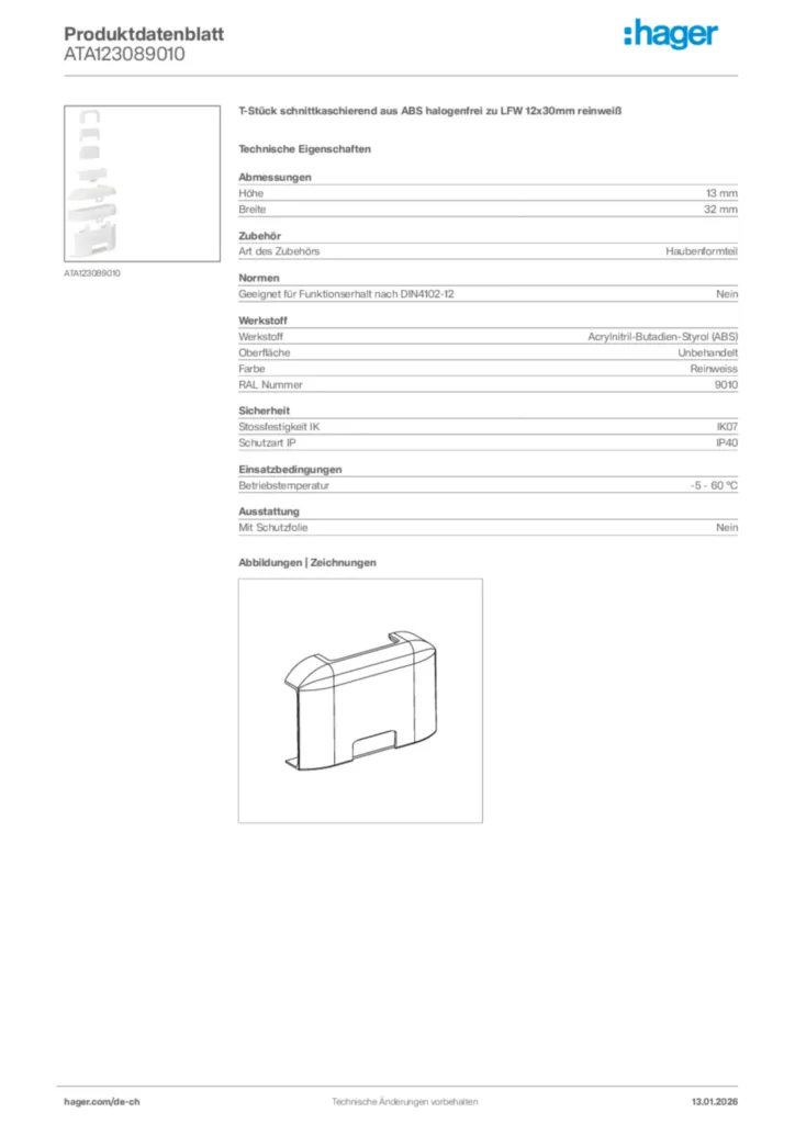 Bild Hager Produktdatenblatt ATA123089010 | Hager Schweiz
