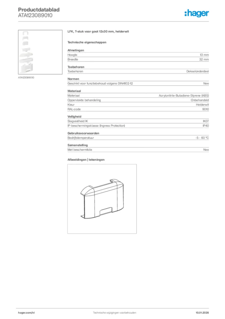 Afbeelding Hager Productdatablad ATA123089010 | Hager Nederland