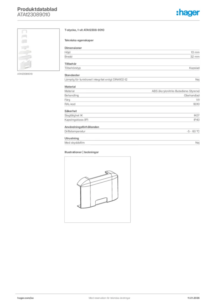 Bild Hager Produktdatablad ATA123089010 | Hager Sverige