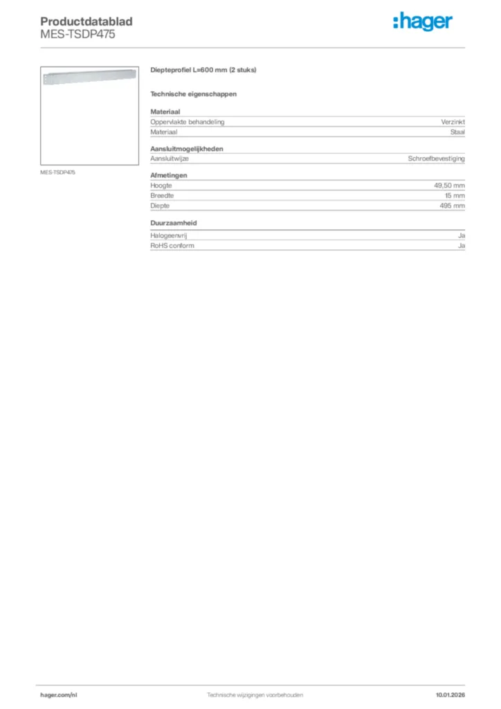 Afbeelding Hager Productdatablad MES-TSDP475 | Hager Nederland