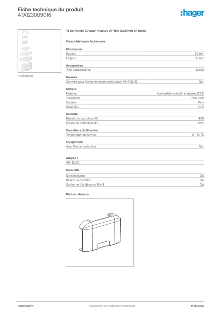 Image Hager Fiche technique du produit ATA123089016 | Hager France