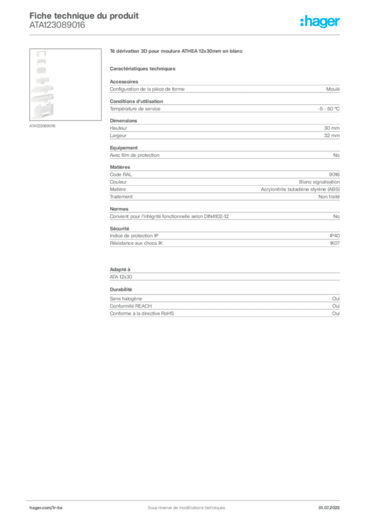 Image Hager Fiche technique du produit ATA123089016 | Hager Belgique